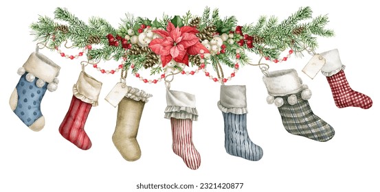 Watercolor hand-drawn Christmas stocking postcard. Xmas socks family print. Traditional Xmas vintage style Christmas socks with fir branches, fireplace stocking banner  - Powered by Shutterstock