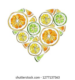 Watercolor Hand-drawn Citrus: Lemon, Lime, Tangerine, Orange, Arranged In The Shape Of A Heart. Great For Packaging Juices, Ice Cream And Other Citrus Fruit Products