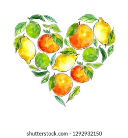 Watercolor Hand-drawn Citrus: Lemon, Lime, Tangerine, Orange, Arranged In The Shape Of A Heart. Great For Packaging Juices, Ice Cream And Other Citrus Fruit Products