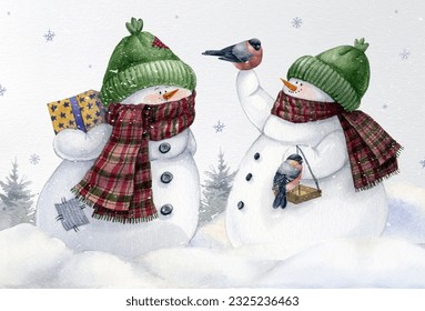 Watercolor hand-drawn funny snowmen friends hold bird feeder with birds.Winter Christmas holidays card. Cute snowmen on a snowy winter field landscape.Merry Christmas friendship family postcard - Powered by Shutterstock