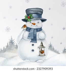 Watercolor hand-drawn funny snowmen hold bird feeder with birds. Winter Christmas holidays card. Cute snowman in a hat and scarf on a snowy winter field landscape. Merry Christmas postcard - Powered by Shutterstock