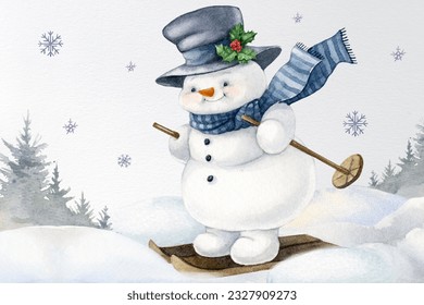 Watercolor hand-drawn funny snowmen skiing. Winter Christmas holidays card. Cute snowman in a hat and scarf on a snowy winter field landscape. Merry Christmas postcard - Powered by Shutterstock