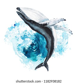 Watercolor hand-drawn humpback whale illustration - jumping up from the foamy ocean wave, playful, happy mammal. Character, logo, children wallpaper, doodle. Marine clip art. Ocean, sea inhabitant. 