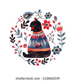 Watercolor Hand-drawn Illustration With Animal And Floral Elements. Folk Art , Ethnic Style. Cute Bear In Sweater