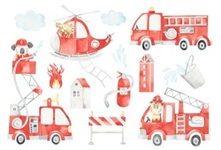 Watercolor Hand-drawn Illustration Of Cute Firefighter Animals, Firetrucks, Helicopter, Extinguisher, Fire. Isolate On White. Watercolor Clipart Set For Kids. Rescues. Emergency. Boho. Professions.