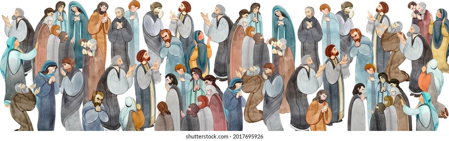 Watercolor Hand-drawn Illustration Of A Meeting Of Praying People, The Apostles In Prayer, Thanksgiving To The Lord. Decorative Background For Christian Publications, Design Of Banners, Postcards