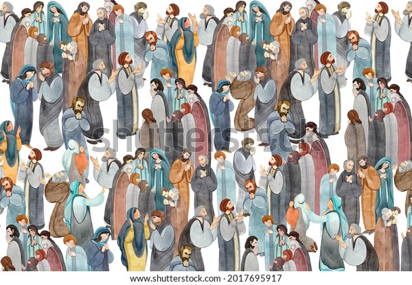 Watercolor hand-drawn illustration of a meeting\
of praying people, the apostles in prayer, thanksgiving to the\
Lord. Decorative background for Christian publications, design of\
banners,\
postcards