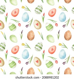 Watercolor hand-drawn pattern. Easter. Spring holidays. Painted eggs and flowers.