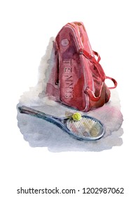 Watercolor Hand-drawn. Red Tennis Watercolor Hand-drawn. Red Tennis Bag Racket And Ball. Illustration Isolated On White.