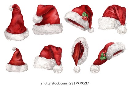 Watercolor hand-drawn Santa Clause hat collection, red hats isolated on white background. - Powered by Shutterstock