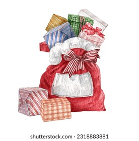 Watercolor hand-drawn Santa sack clipart.Christmas gift bag with bow, gift boxes. Traditional xmas vintage style sack - Powered by Shutterstock