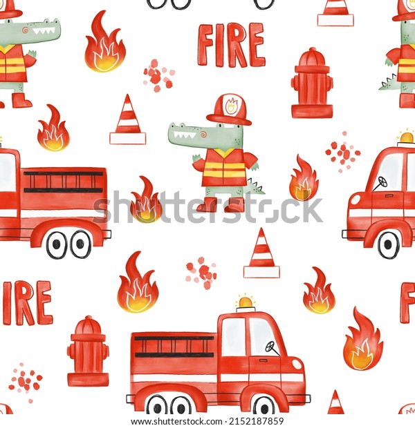 Watercolor hand-drawn seamless childish pattern\
with cute firetrucks, flame and crocodile fireman. Red cartoon car.\
Kids texture for fabric, wrapping, textile, wallpaper, apparel.\
Scandinavian.\
Boho.