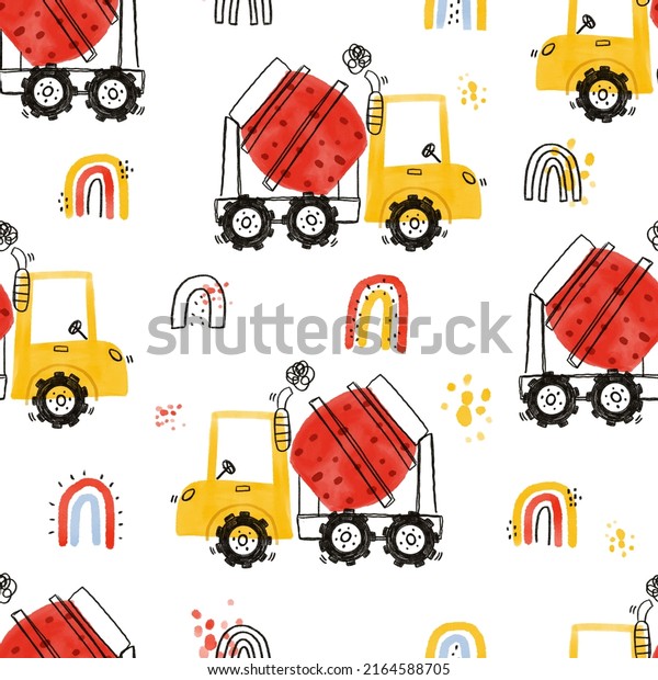 Watercolor hand-drawn seamless children simple\
pattern with cars and rainbows. Kids seamless pattern with building\
equipment. Funny construction transport. Kids texture for fabric.\
Scandinavian.\
Boho.