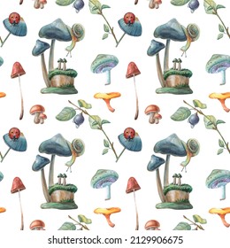 Watercolor hand-drawn seamless pattern of colorful mushrooms, snails and berries for textile, packs 