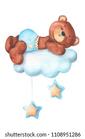 Watercolor Hand-drawn Sleeping Bear Cub On The Cloud. Illustration Of A Sleeping Teddy Bear Isolated On A White Background. Newborn Baby. Baby Poster