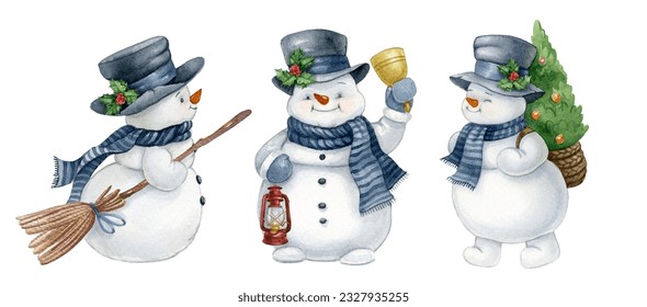 Watercolor hand-drawn three funny snowmen set. Winter Christmas holidays card. Cute snowman in a hat and scarf with a lantern, broom, jingle bell and Christmas tree. Merry Christmas postcard - Powered by Shutterstock