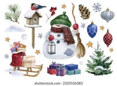 Watercolor hand-drawn winter elements set.Christmas holidays card. Cute snowman in a green hat and scarf with broom and lantern, Santa sack,sleigh,ornaments,pine cone, birdhouse,snow isolated on white - Powered by Shutterstock