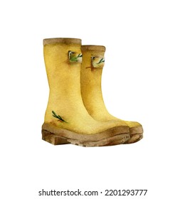 Watercolor Hand-drawn Yellow Gardening Boots Illustration Isolated On White Background. Gardening Equipment. Gumboots. Garden Footwear Icon, Cards, And Logo