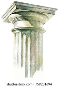 Watercolor handmade drawing capitals of the marble column of the Parthenon