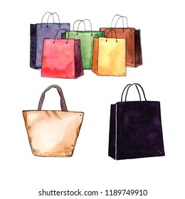 Watercolor hand-painted black Friday shopping bags illustration set on white background