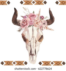 Watercolor hand  painted boho illustration and bull skull  horns   flowers for wedding  anniversary  birthday  greetings  invitations  cards  pictures  textile  fashion  party