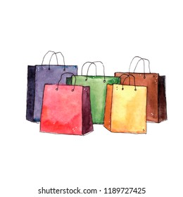 Watercolor hand-painted colourful shopping bags illustration on white background