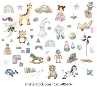 Watercolor handpainted cute baby toys elements for kids (Airplane, ball, doll, giraffe, hare, pyramid, rocking horse, robot, teddy bear, train, rainbow, wooden blocks)