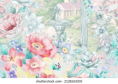 Watercolor hand-painted flowers, birds, wild geese landscape forest