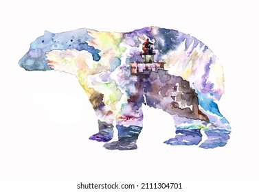 Watercolor hand-painted realistic polar bear silhouette with the storm old lighthouse on the rocks inside illustration isolated on white background