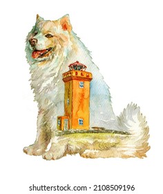 Watercolor hand-painted realistic white dog silhouette with the orange lighthouse inside illustration isolated on white background