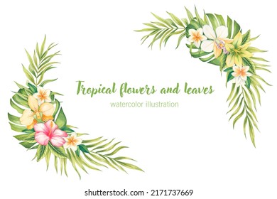 Watercolor Hand-painted Tropical Frame With Leaves And Flowers. The Green Wreath Of Jungle Leaves Is Ideal For Making Summer Wedding Invitations And Holiday Cards