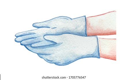 Watercolor Hands In Blue Gloves, Medical Gloves  Isolated On White Background. Health Care