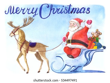 Watercolor handwork painting. Greeting card. Merry Christmas! Santa Claus on sleigh with reindeer.