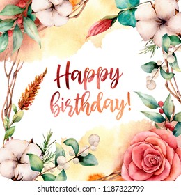 Watercolor Happy Birthday Card Flowers Hand Stock Illustration ...