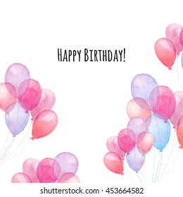 Watercolor Happy Birthday Card. Hand Painted Air Balloons Square Frame Isolated On White Background. Pastel Pink And Purple Modern Party Design