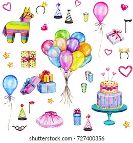 Watercolor Happy Birthday Seamless Pattern. Hand Drawn Celebration Objects: Gift Boxes, Air Balloons, Birthday Cake, Pinata