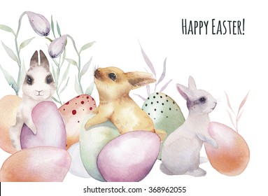 Watercolor Happy Easter card  Three hand painted rabbits   easter multicolored eggs and grass   plants isolated white background  Vintage holiday design  Artistic spring illustration 