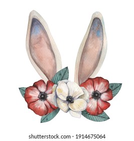 Watercolor Happy Easter Cute Bunny Ears With A Flower Arrangement Wreath. Anemone Flowers With Green Leaves Garden. Ideal For Postcards, Public Holiday Greeting.