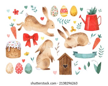 Watercolor happy Easter set with bannies, Easter cake, eggs. Hand painted illustration on white background