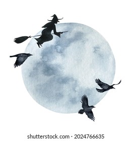 Watercolor Happy Halloween card isolated on a white background. Hand painted  illustration with the moon, witch and black crows.