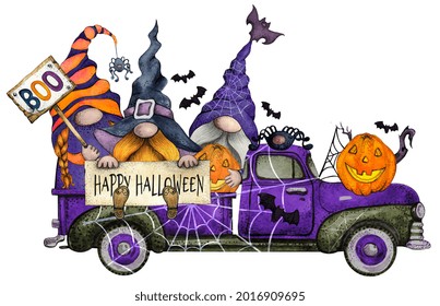 Watercolor Happy Halloween Truck with Cute Gnomes and Pumpkins in bright colors - Powered by Shutterstock