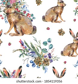 Watercolor hare with flowers seamless pattern on white background. Floral Easter bunny texture. Forest animals wallpaper. Woodland creatures.