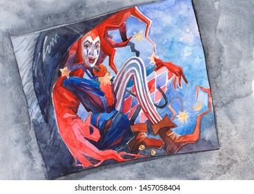 Watercolor Harlequin, Jester, Joker, Clown With Umbrella, Rain. Illustration.