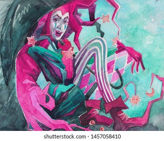 Watercolor Harlequin, Jester, Joker, Clown With Umbrella, Rain. Illustration.