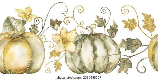 Watercolor harvest scene with pumpkin, flowers and leaves border clipart. Seamless Fall decor composition for Thanksgiving, autumn arrangement card, rustic garden repeat border illustration - Powered by Shutterstock