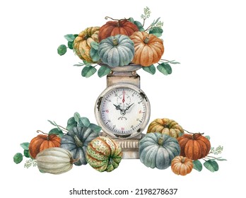 Watercolor harvest scene and pumpkin  vintage white scale weight eucaliptus leaves  Fall decor composition for Thanksgiving  autumn arrangement card  Farmhouse rustic still life garden illustration