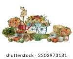 Watercolor harvest scene,blue rustic wheelbarrow full of pumpkins,hay and sunflowers on grass.Fall decor composition for Thanksgiving and autumn arrangement card, Farmhouse rustic garden illustration