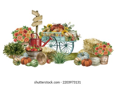 Watercolor Harvest Scene,blue Rustic Wheelbarrow Full Of Pumpkins,hay And Sunflowers On Grass.Fall Decor Composition For Thanksgiving And Autumn Arrangement Card, Farmhouse Rustic Garden Illustration