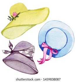 Watercolor hats set. Doodle watercolor hats set. Summer watercolor hats. 