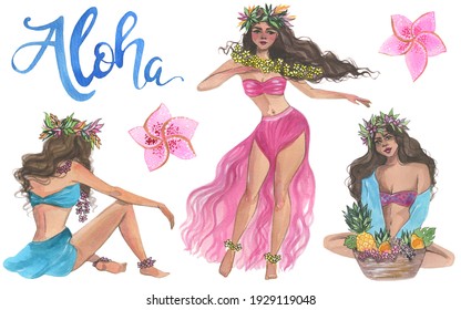 Watercolor Hawaiian Illustration. Handpainting watercolor set. Hawaiian style. - Powered by Shutterstock